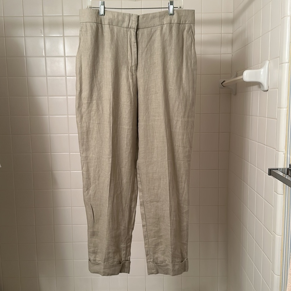 Beige Natural Linen Zip-Front Cuffed Trousers